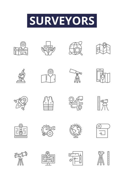 Surveyors line vector icons and signs. Mapping, Geologists, Survey, Measurement, Surveying, Geomatics, Civil, Cartography vector outline illustration set