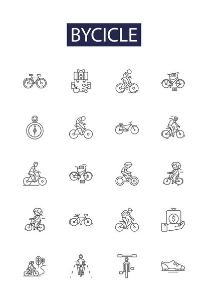 Bycicle line vector icons and signs. Cycling, Rider, Wheels, Frame, Tires, Pedals, Derailleur, Seat vector outline illustration set