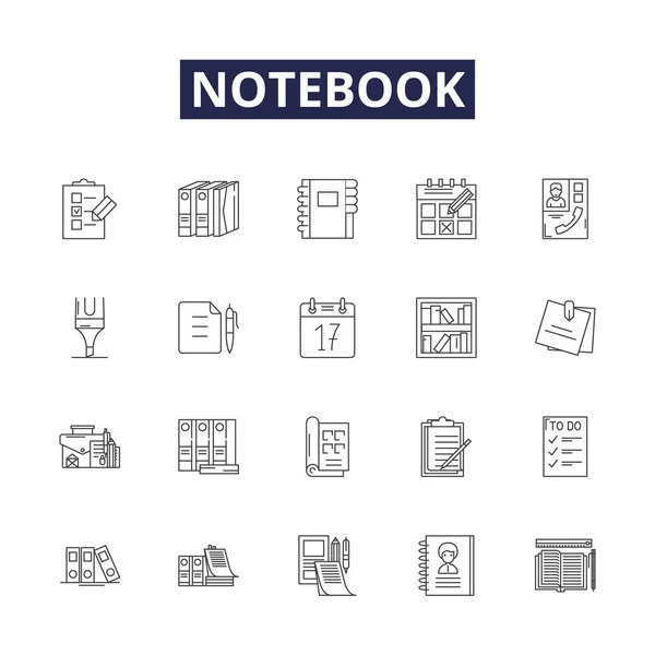 Cuaderno Línea Vectorial Iconos Signos Diario Bloc Notas Espiral Diario — Vector de stock