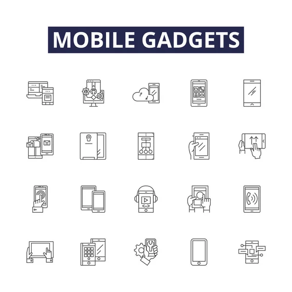 Gadgets Mobiles Lignes Vectorielles Icônes Signes Comprimés Chargeurs Étuis Écouteurs — Image vectorielle