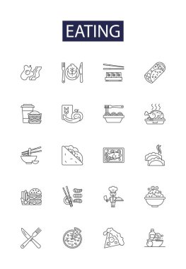 Eating line vector icons and signs. feasting, relishing, noshing, nibbling, scoffing, gorging, devouring, chewi vector outline illustration set clipart