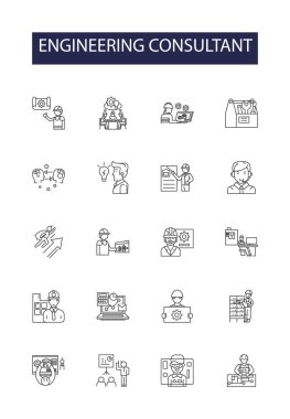Mühendislik danışmanlık çizgisi vektör simgeleri ve işaretleri. Danışman, Uzman, Danışman, Sorun çözücü, Teknisyen, Teknoloji Uzmanı, Tasarımcı vektör çizimi