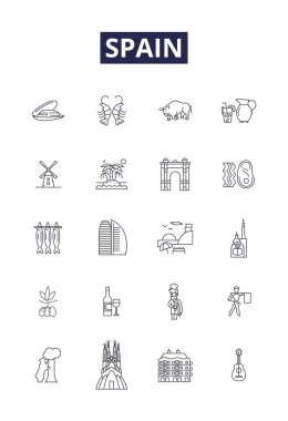 İspanya çizgi vektör simgeleri ve işaretleri. İberya, Madrid, Barselona, Kastilya, canlı, La Liga, mutfak, kültür vektör çizelgesi çizimi