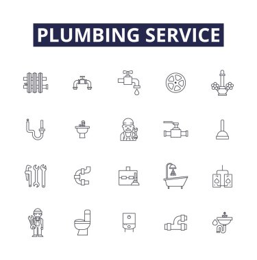 Tesisat hattı vektör simgeleri ve işaretleri. Borular, tesisatlar, onarımlar, sızıntılar, tıkanıklıklar, açılma, kurulum, tuvalet vektörü çizimi