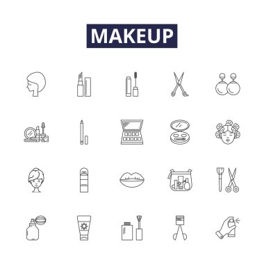 Makyaj çizgisi vektör simgeleri ve işaretleri. Primers, Foundation, Blush, Pudra, Ruj, Concealer, Mascara, Eyeshadow vektör çizim seti