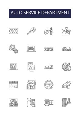 Auto service department line vector icons and signs. Maintenance, Diagnostics, Tires, Brakes, Oil, Alignment, Detailing, Testing vector outline illustration set clipart