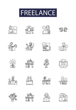 Serbest çizgi vektör simgeleri ve işaretleri. Dış kaynak, Gigging, Serbest İşveren, Müteahhit, İş Bulma, İş Bulma, Sanal, Müzakere Vektör Tasviri