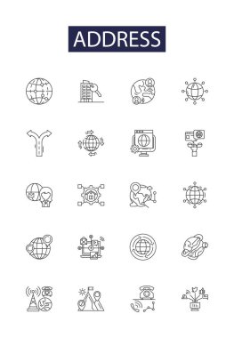 Adres çizgisi vektör simgeleri ve işaretleri. konum, konum, site, sokak, konut, konut, özellik, nokta vektör çizelgesi çizimi