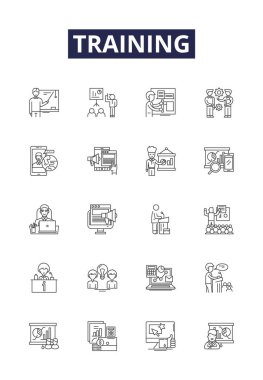 Training line vector icons and signs. Coaching, Tutoring, Drill, Exercise, Drilling, Preparation, Practising, Schooling vector outline illustration set clipart
