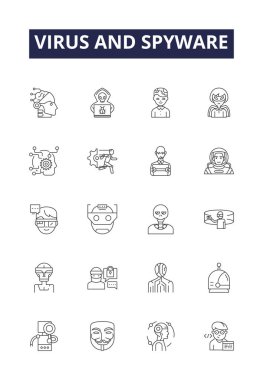 Virüs ve casus yazılım çizgisi vektör simgeleri ve işaretleri. casus yazılım, güvenlik, bilgisayar, hacker, saldırı, teknoloji, kötü amaçlı yazılım, çevrimiçi vektör çizelgesi çizimi