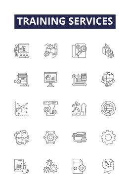 Eğitim hizmetleri çizgisi vektör simgeleri ve işaretleri. Eğitim, Koçluk, Öğretmenlik, Atölyeler, Seminerler, Dersler, Dersler, Programlar çizim çizimi
