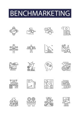 Karşılaştırma çizgisi vektör simgeleri ve tabelaları. Rekabetçi, Analiz, Performans, Kalite, Karşılaştırma, Stratejiler, Yönetim, Süreç vektör özeti çizimi