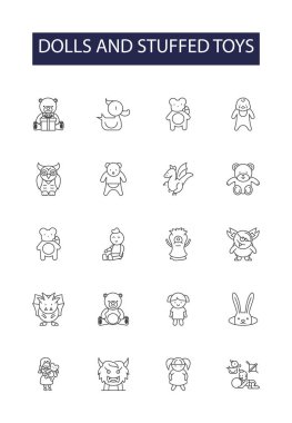Oyuncak bebekler ve doldurulmuş oyuncaklar vektör çizgileri ve işaretler. doldurulmuş, oyuncaklar, pelüş, bebekler, yumuşak, oyuncak, oyuncak, ayı vektör çizimi çizimi