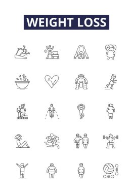 Weight loss line vector icons and signs. Slimming, Dieting, Fasting, Shedding, Trimming, Weighing, Shrinking, Burning vector outline illustration set clipart