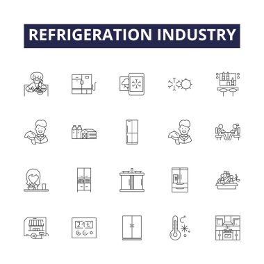 Soğutma endüstrisi vektör çizgisi simgeleri ve tabelaları. Endüstri, soğutma, HVAC, sıkıştırıcılar, soğutucular, yoğunlaştırıcılar, termodinamikler, izolasyon vektörü çizim seti