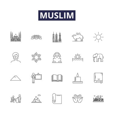 Müslüman çizgi vektör simgeleri ve işaretleri. İslam, Kuran, Cami, Namaz, Ramazan, Hac, Cihat, Şeriat çizimi