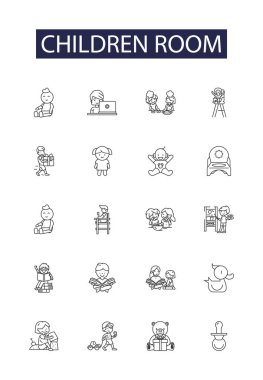 Çocuk odası çizgisi vektör simgeleri ve tabelaları. Oda, çocuk odası, oyun odası, yatak odası, oyuncak, dekor, duvar, mobilya vektör çizimi seti