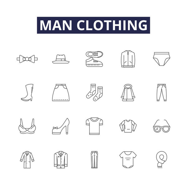 Man clothing line vector icons and signs. Jeans, Suit, T-shirt, Sweater, Coats, Pants, Jacket, Blazer vector outline illustration set