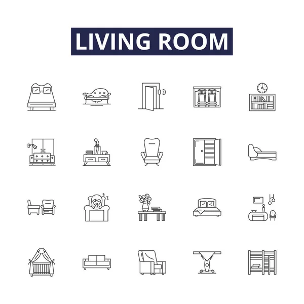 Living Room Line Vector Icons Signs Chair Table Lamp Fireplace — Stock Vector