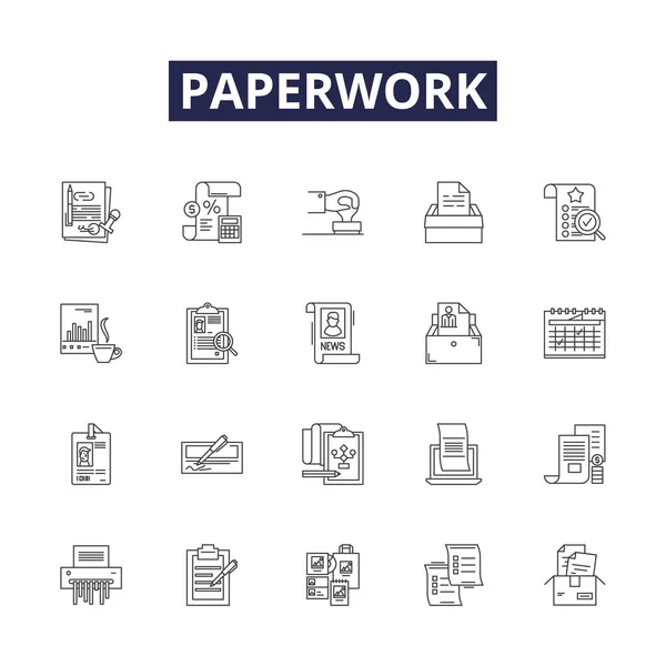 Paperwork Line Vector Iconos Signos Documentos Registro Datos Presentación Informes — Vector de stock