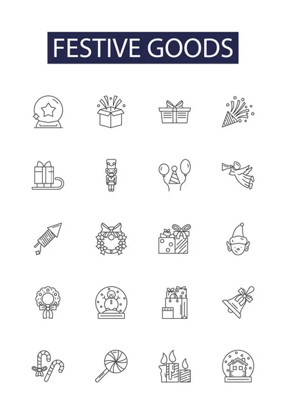 Festive Goods Line Vector Icons Signs Decorations Gifts Wrappings Lights — Stock Vector
