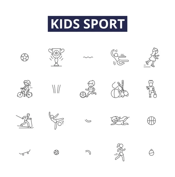 Niños Sport Line Vector Iconos Signos Deportes Juegos Correr Saltar — Vector de stock