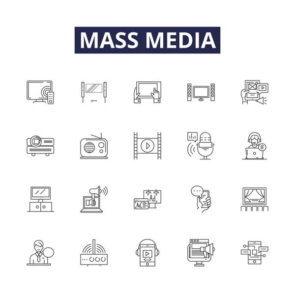 Ikony Znaki Wektorowe Mediów Masowych Masa Komunikacja Broadcast Dziennikarstwo Sieć — Wektor stockowy