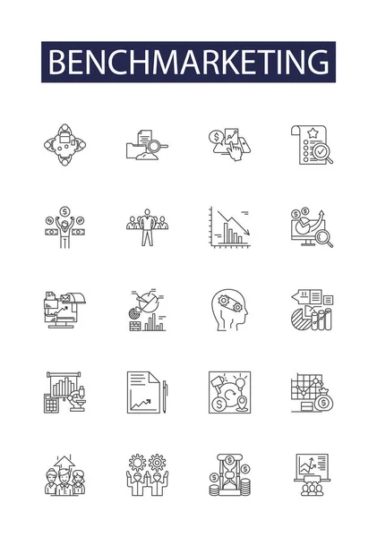 Benchmarketing Line Vector Icons Signs Competitor Analysis Performance Quality Comparisons — Stock Vector