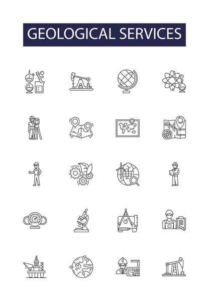 Geological Services Line Vector Icons Signs Services Surveying Sampling Drilling — Stock Vector