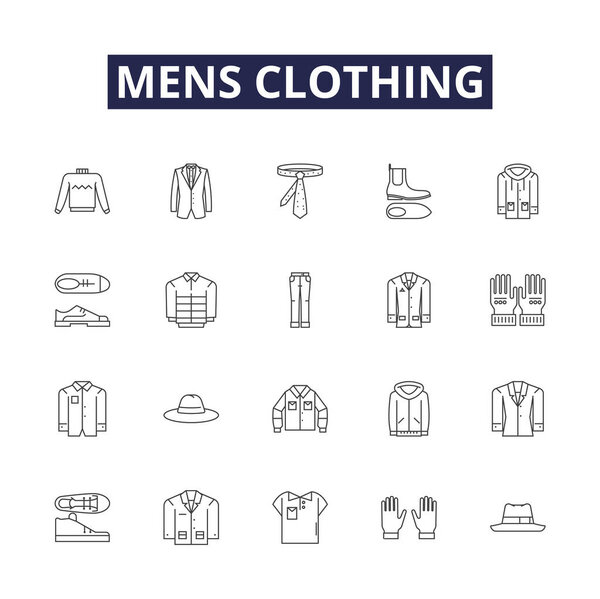 Mens clothing line vector icons and signs. Jeans, Shirt, T-shirt, Jacket, Sweater, Shorts, Overcoat, Pullover vector outline illustration set