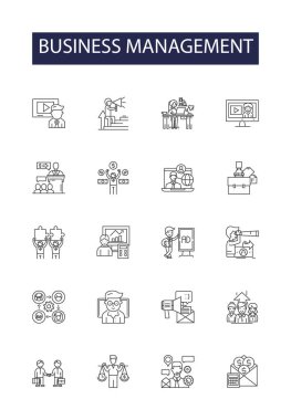 İş yönetimi çizgisi vektör simgeleri ve tabelaları. Strateji, Finans, Muhasebe, Planlama, Operasyonlar, Yönetim, Lojistik, Pazarlama vektör taslağı çizimi