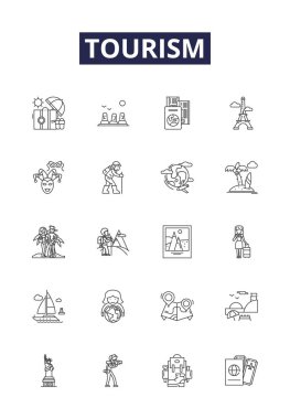 Turizm çizgisi vektör simgeleri ve tabelaları. Tatil, Gezi, Macera, Keşif, Oteller, Resortlar, Cazibeler, Seyahat vektör çizelgesi çizimi