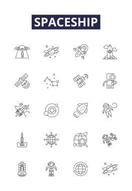 Uzay gemisi çizgisi vektör simgeleri ve işaretleri. zanaat, gemi, mekik, yıldız gemisi, galaksiler arası, roket, keşif, yıldızlar arası çizim çizimi
