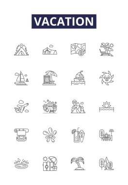 Tatil çizgisi vektör simgeleri ve işaretleri. Trip, Holiday, Escape, Journeys, Outing, Retreat, Break, Adventure vektör özeti çizimi