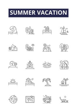 Yaz tatili çizgisi vektör simgeleri ve işaretleri. Yaz, Trip, Güneş, Plaj, Eğlence, Rahatlama, Macera, Keşif vektör çizelgesi