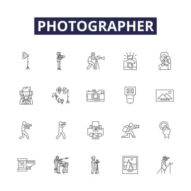 Fotoğraf çizgisi vektör simgeleri ve işaretleri. kare, kare, kare, lens, lensçi, foto muhabiri, fotoğraf, paparazzi vektör çizimi