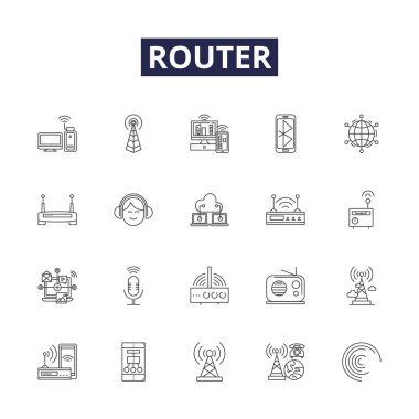 Yönlendirme çizgisi vektör simgeleri ve işaretleri. Router-Switch, Networking, WiFi, 4G, ADSL, Network, Connectivity, Broadband vektör çizim seti
