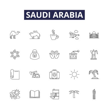 Suudi Arabistan çizgi vektör simgeleri ve işaretleri. Arabistan, Ortadoğu, Petrol, Despotizm, İslam, Çöl, Dini, Riyad vektör çizelgesi çizimi