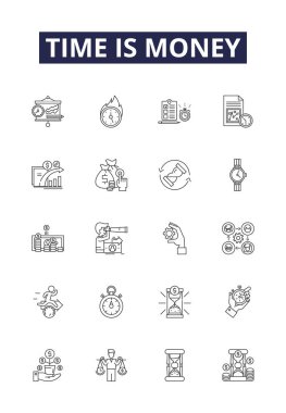 Zaman para çizgisi vektör simgeleri ve işaretleridir. Değerli, pahalı, zorunlu, maliyetli, karlı, önemli, tutumlu, kullanışlı vektör çizimi