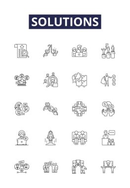 Çözümler çizgisi vektör simgeleri ve işaretleri. Cevaplar, Çözüm, Çözüm, Adres, Alleviate, Gedik, Açıkla, Tedavi vektör çizelgesi çizelgesi