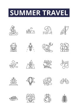Yaz yolculuğu çizgisi vektör simgeleri ve işaretleri. Tatiller, geziler, maceralar, keşifler, gezintiler, vahşi doğa, sahne, gezi vektör çizelgesi çizimleri