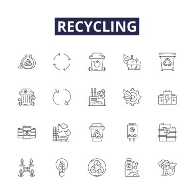Geri dönüşüm çizgisi vektör simgeleri ve işaretleri. Yeniden Kullan, Upcycle, Reduce, Kurtarma, Yeniden Kullanım, Kompost, Reloop, Vektör Özet Tanımlama kümesi