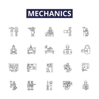 Mekanik çizgi vektör simgeleri ve işaretleri. Onarım, Bakım, Sistem, Restorasyon, Otomatik, Otomotiv, Dinamik, Analiz vektör çizelgesi çizimi