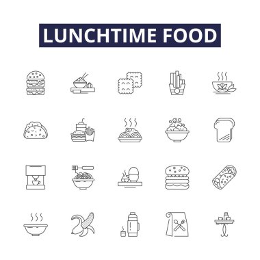 Yemek zamanı yemek çizgisi vektör simgeleri ve tabelaları. Salata, Burger, Pizza, Çorba, Burrito, Fries, Noodles, Tacos vektör çizimi