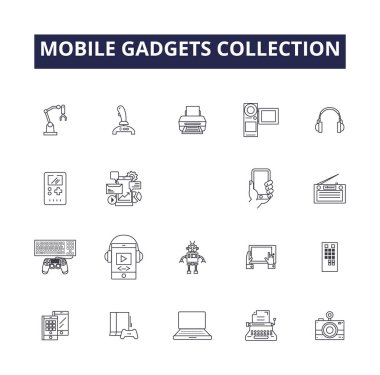 Mobil cihazlar koleksiyon hattı vektör simgeleri ve işaretleri. Tabletler, Giysiler, Şarjörler, Kablolar, Kapaklar, Bataryalar, Adaptörler, Rıhtım vektör çizelgesi çizimi