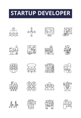 Başlangıç geliştirici satır vektör simgeleri ve işaretleri. Geliştirici, yazılım, girişimci, kodlama, teknoloji, kurucu, başlatma, risk vektör çizelgesi çizimi