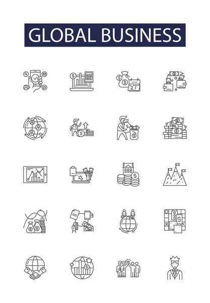 Iconos Signos Vectoriales Línea Negocio Global Comercio Mercados Inversión Empleo — Archivo Imágenes Vectoriales