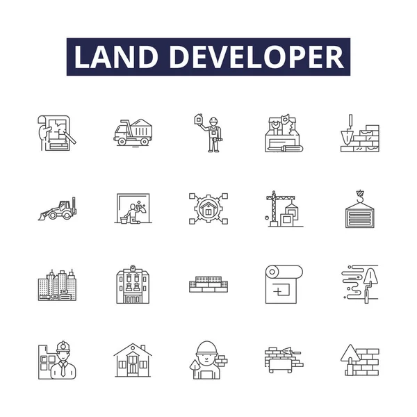 stock vector Land developer line vector icons and signs. Landlord, Investor, Broker, Constructor, Builder, Developer, Planner, Urbanist vector outline illustration set