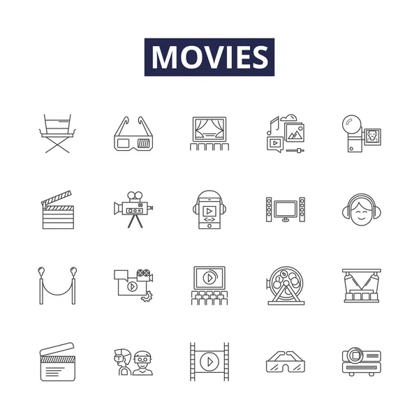 Movies Line Vector Icons Signs Cinemas Movies Blockbusters Slates Flicks — Stock Vector