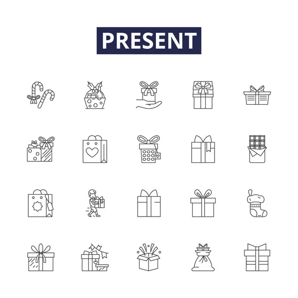 Present Line Vector Icons Signs Gift Wrap Now Offer Show — Stock Vector